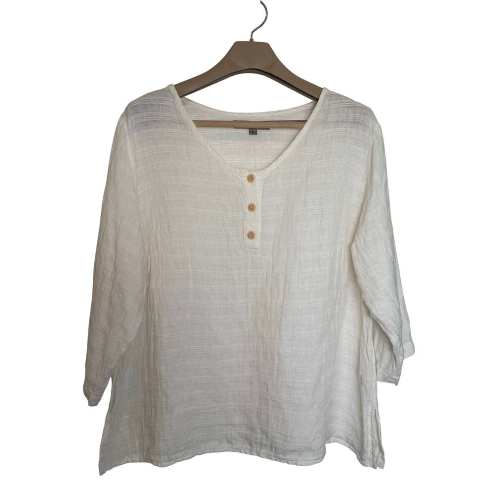 FLAX Linen Blouse Top Off White Buttons Size LARGE Womens Round Neck